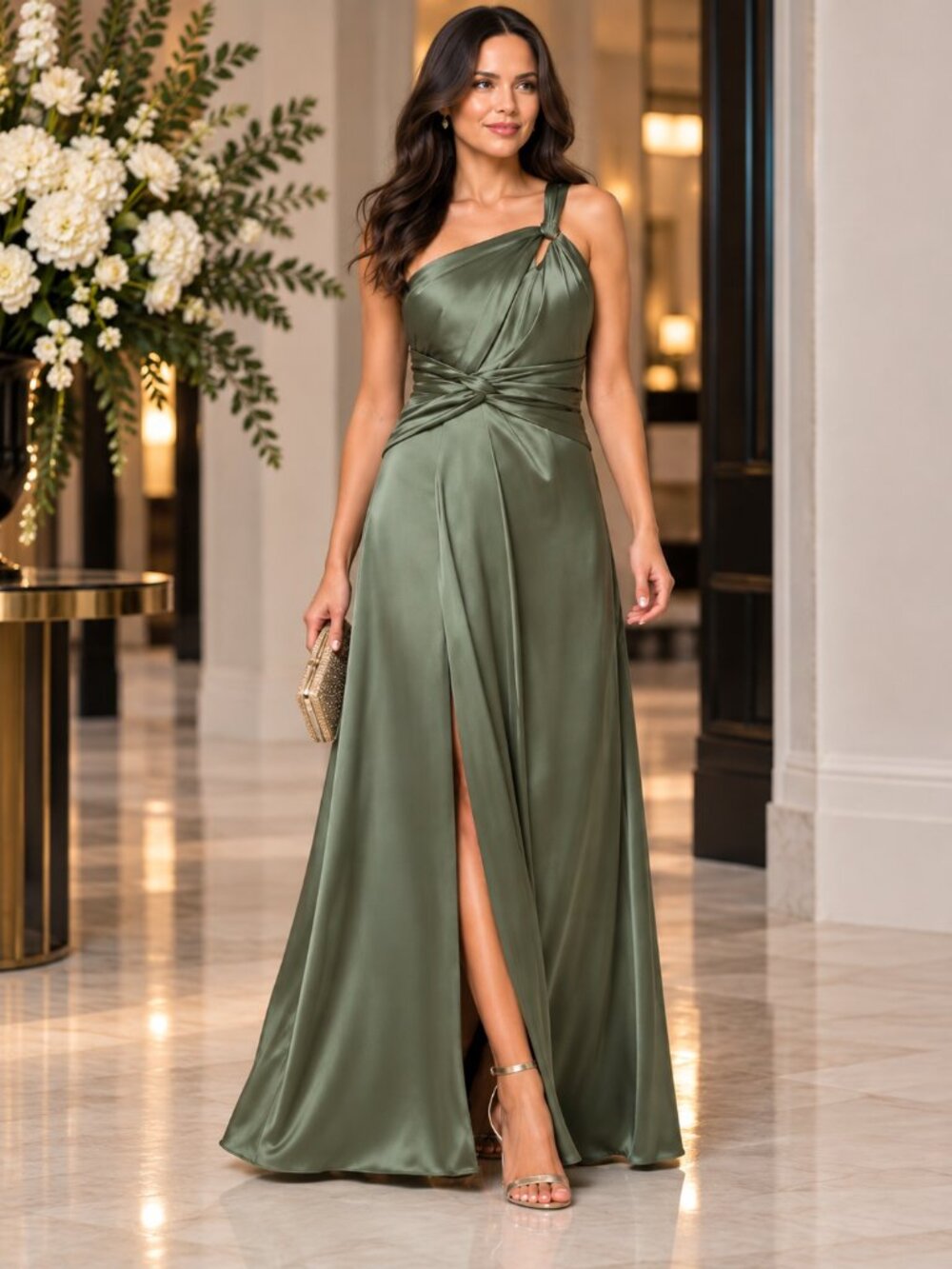 XSCAPE Leona Olive Satin One Shoulder Maxi Gown Size 12 NWT Formal Dress - Picture 2 of 7